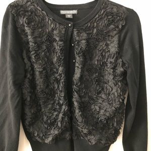 Black floral ruffle detail cardigan sweater